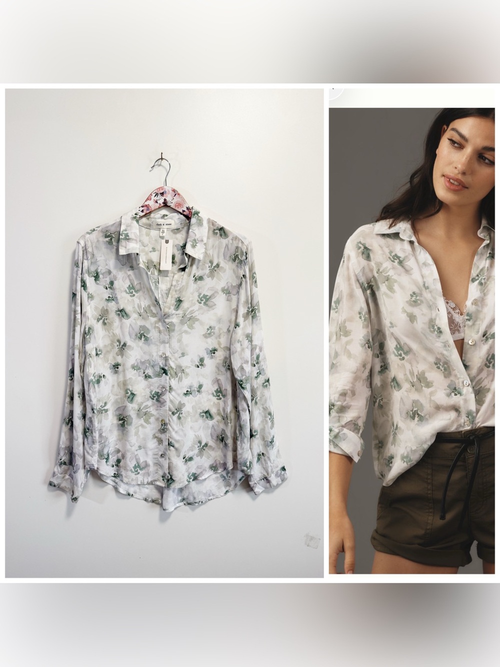 NWT Anthropologie CLOTH & STONE Watercolor Floral Printed Button Down Shirt L